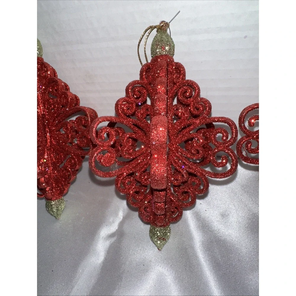 Red Glitter Scroll Christmas Ornaments Set of 3 Filigree Finial Holiday Decor
